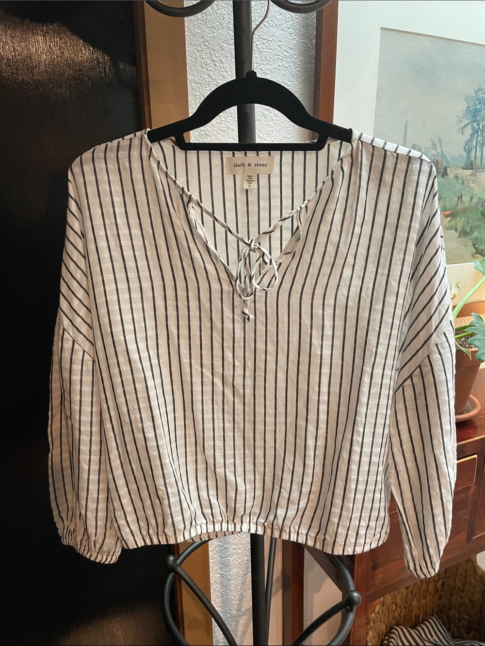 cloth & stone White and Black Striped Lace-Up V-Neck Blouse